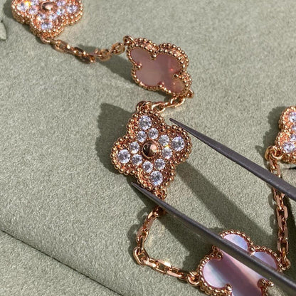 [Kismet Jewels ]CLOVER 10 MOTIFS DIAMOND PINK MOP NECKLACE