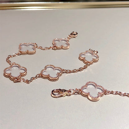 [Kismet Jewels ]CLOVER 5 MOTIF ROCK CRYSTAL PINK GOLD BRACELET