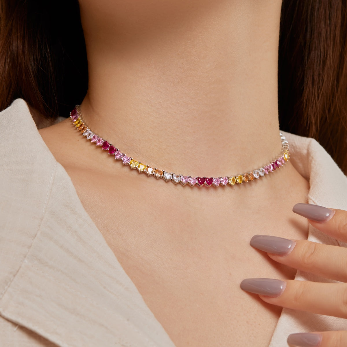 [Kismet Jewels ]Sparkling Colorful Full Heart Tennis Necklace