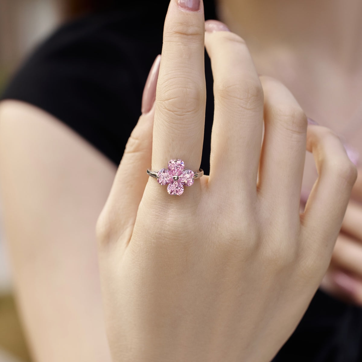 [Kismet Jewels ]Heart-shaped Four-Leaf Clover Ball Ring