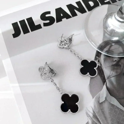 [Kismet Jewels ]CLOVER 2 MOTIFS  DIAMOND ONYX EARRINGS SILVER