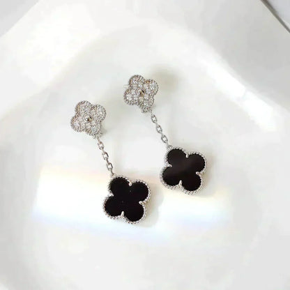 [Kismet Jewels ]CLOVER 2 MOTIFS  DIAMOND ONYX EARRINGS SILVER