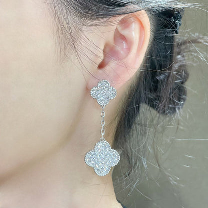 [Kismet Jewels ]CLOVER 2 MOTIFS DIAMOND PAVED SILVER EARRINGS
