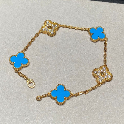 [Kismet Jewels ]CLOVER 5 MOTIF BLUE CHALCEDONY DIAMOND GOLD BRACELET