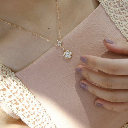 [Kismet Jewels ]STAR AND SUN WHITE MOP 2 MOTIF PINK GOLD NECKLACE