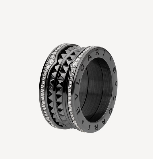 [Kismet Jewels ]ZERO 1 ROCK FOUR-BAND BLACK CERAMIC WITH STUDDED SPIRAL AND PAVED DIAMONDS RING