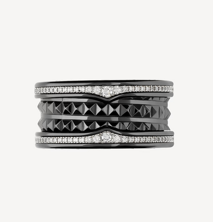[Kismet Jewels ]ZERO 1 ROCK FOUR-BAND BLACK CERAMIC WITH STUDDED SPIRAL AND PAVED DIAMONDS RING