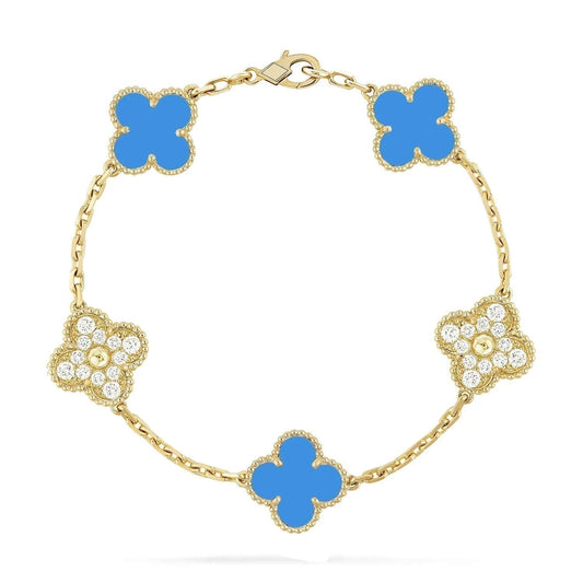 [Kismet Jewels ]CLOVER 5 MOTIF BLUE CHALCEDONY DIAMOND GOLD BRACELET