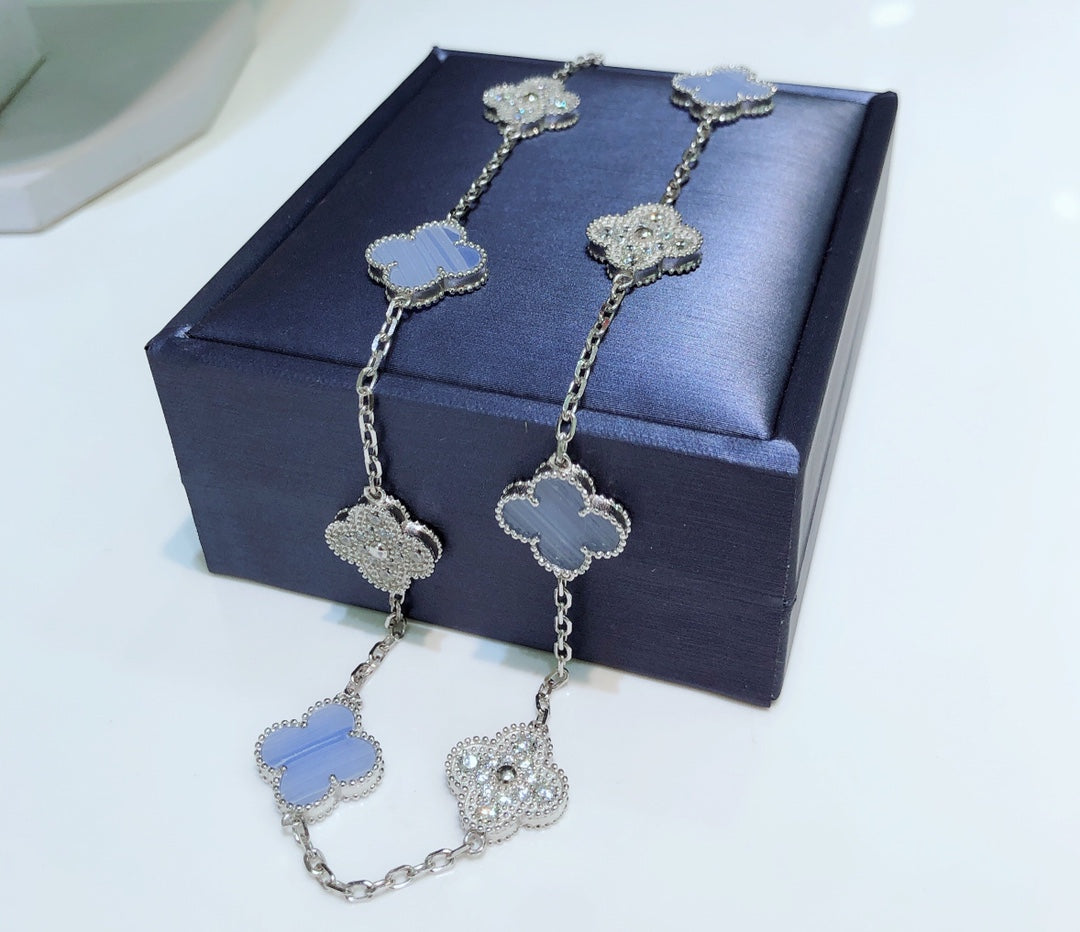 [Kismet Jewels ]CLOVER 10 MOTIFS CHALCEDONY DIAMONDS SILVER NECKLACE