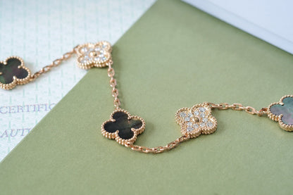 [Kismet Jewels ]CLOVER 5 MOTIFS DARK MOP AND DIAMONDS PINK GOLD BRACELET